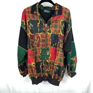 Silver Threads Baroque Windbreaker Full Zip Oversized Plaid Patch Bomber Jacket